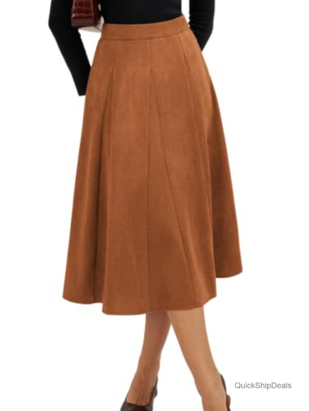 Faux Suede High Waisted A Line Midi Skirt Pleated Office